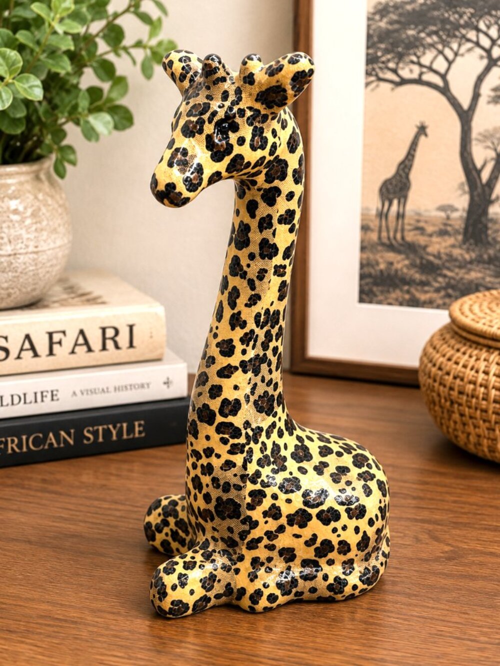La Vie Safari Baby Giraffe Figurine 11" Leopard Print Ceramic Patchwork Decor